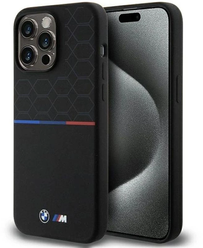 BMW BMHMP15X22SMPK Apple iPhone 15 Pro Max 6.7″ juodos spalvos kietas dėklas M Silicone Pattern MagSafe
