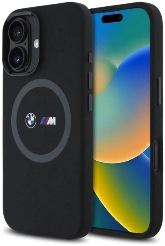 BMW BMHMP16S23SROK Apple iPhone 16 6.1″ juodos spalvos kietas dėklas M Silicone Printed Ring MagSafe