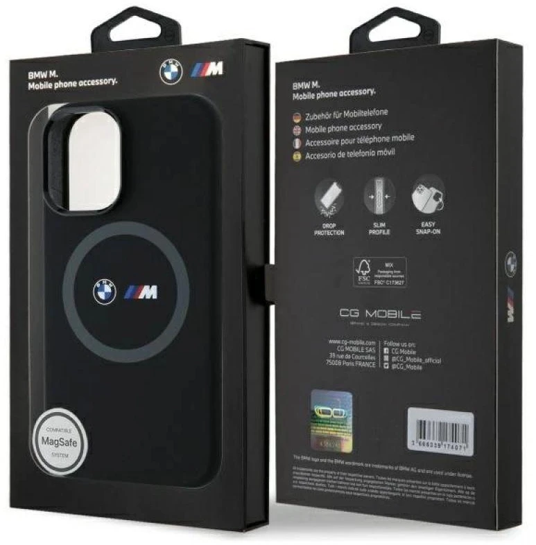 BMW BMHMP16S23SROK Apple iPhone 16 6.1″ juodos spalvos kietas dėklas M Silicone Printed Ring MagSafe