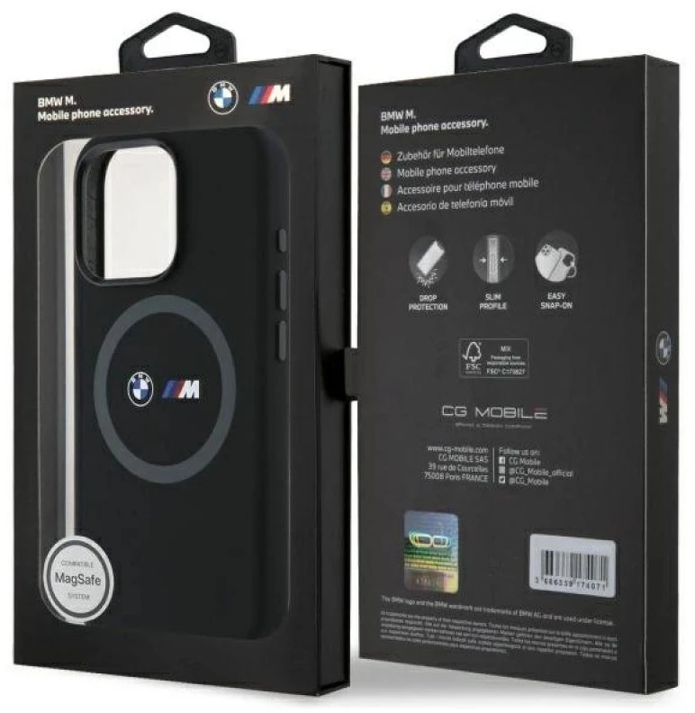 BMW BMHMP16X23SROK Apple iPhone 16 Pro Max 6.9" dėklas telefonui juodos spalvos M Silikoninis Printed Ring MagSafe