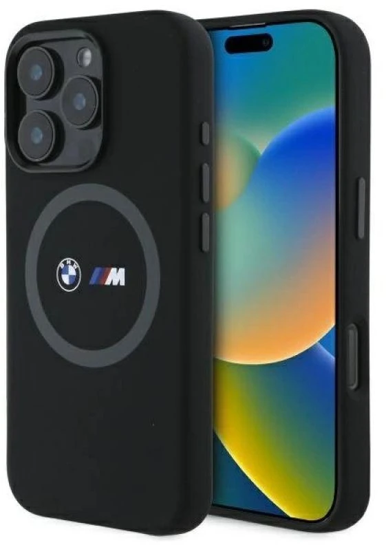 BMW BMHMP16X23SROK Apple iPhone 16 Pro Max 6.9" dėklas telefonui juodos spalvos M Silikoninis Printed Ring MagSafe