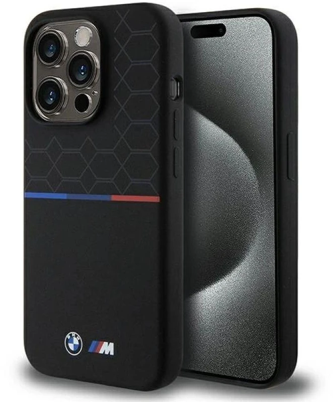 BMW BMHMP15L22SMPK Apple iPhone 15 Pro 6.1″ juodos spalvos kietas dėklas M Silicone Pattern MagSafe