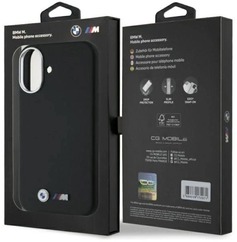 BMW BMHCP16S23 PMWK Apple iPhone 16 6.1″ juodos spalvos kietas dėklas M Smooth Full Wrapped Metal