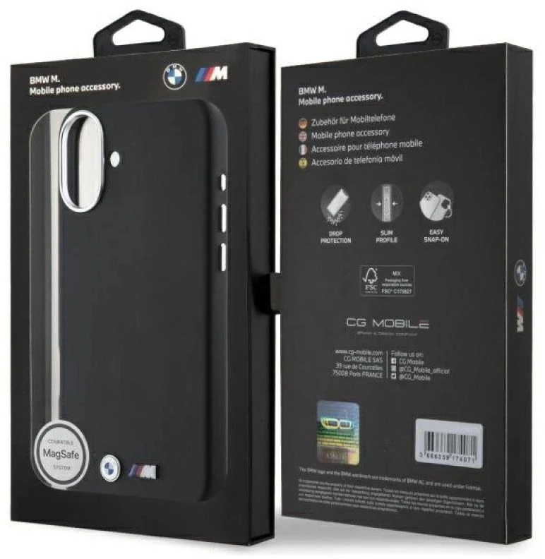 BMW BMHMP16M23 PMWK Apple iPhone 16 Plus 6.7″ juodos spalvos kietas dėklas M Smooth Full Wrapped Metal MagSafe