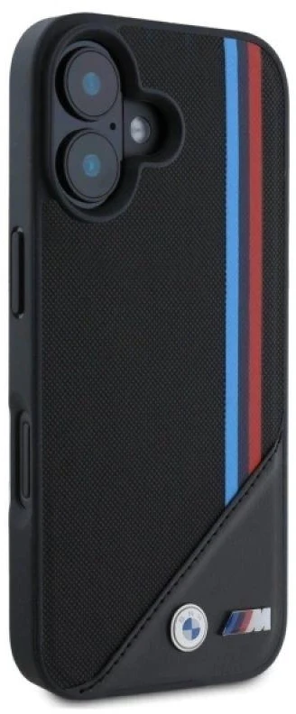 BMW BMHMP16S23 PUTRK Apple iPhone 16 6.1″ juodos spalvos kietas dėklas M Meshed Tricolor Stripes MagSafe