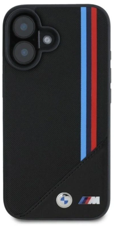 BMW BMHMP16S23 PUTRK Apple iPhone 16 6.1″ juodos spalvos kietas dėklas M Meshed Tricolor Stripes MagSafe