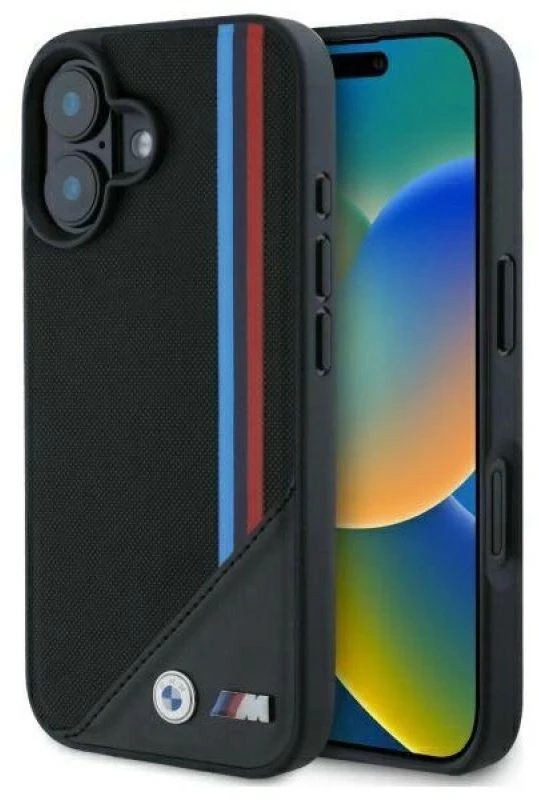 BMW BMHMP16S23 PUTRK Apple iPhone 16 6.1″ juodos spalvos kietas dėklas M Meshed Tricolor Stripes MagSafe