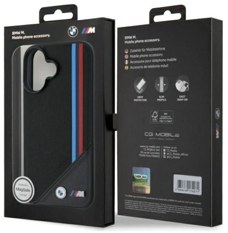 BMW BMHMP16S23 PUTRK Apple iPhone 16 6.1″ juodos spalvos kietas dėklas M Meshed Tricolor Stripes MagSafe