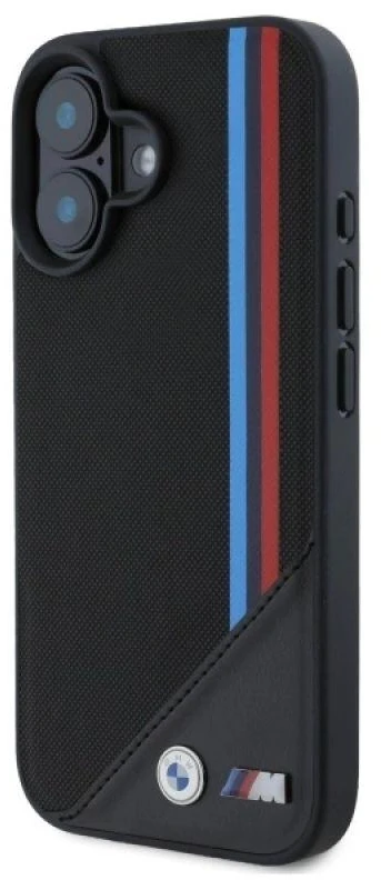 BMW BMHMP16S23 PUTRK Apple iPhone 16 6.1″ juodos spalvos kietas dėklas M Meshed Tricolor Stripes MagSafe