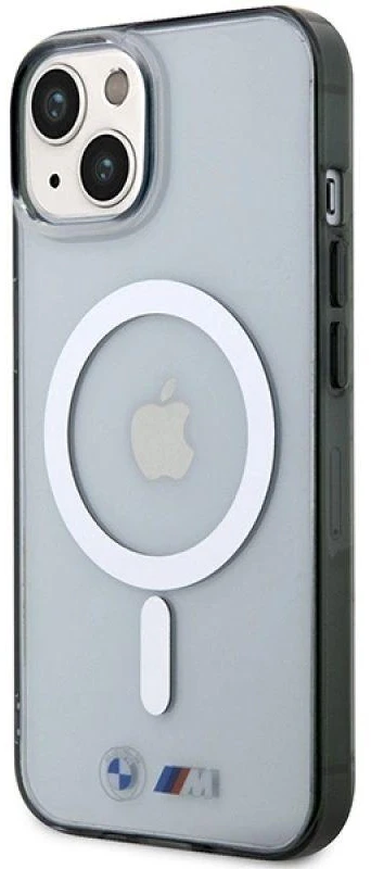 BMW BMHMP14MHCRS dėklas Apple iPhone 14 Plus 15 Plus 6.7″ skaidrus kietas dėklas Sidabrinis Ring MagSafe