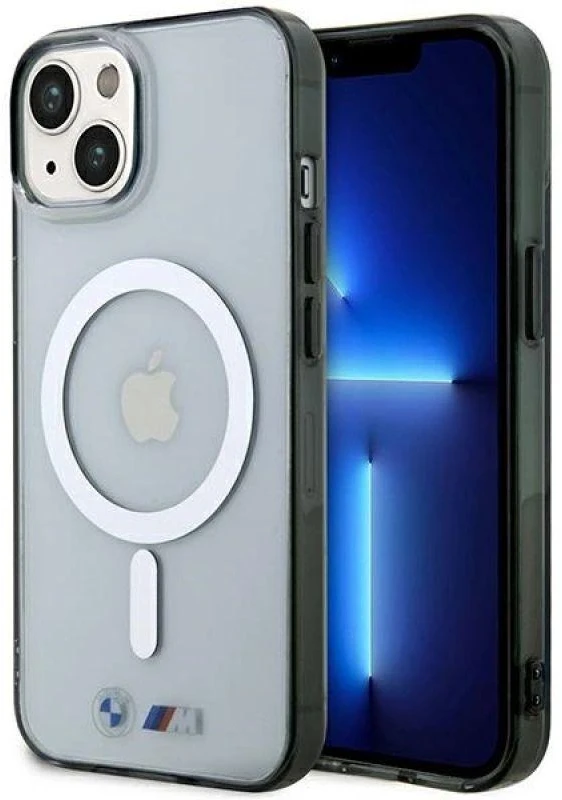BMW BMHMP14MHCRS dėklas Apple iPhone 14 Plus 15 Plus 6.7″ skaidrus kietas dėklas Sidabrinis Ring MagSafe