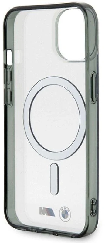 BMW BMHMP14MHCRS dėklas Apple iPhone 14 Plus 15 Plus 6.7″ skaidrus kietas dėklas Sidabrinis Ring MagSafe