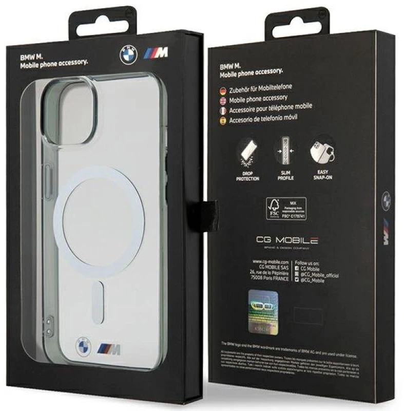 BMW BMHMP14MHCRS dėklas Apple iPhone 14 Plus 15 Plus 6.7″ skaidrus kietas dėklas Sidabrinis Ring MagSafe