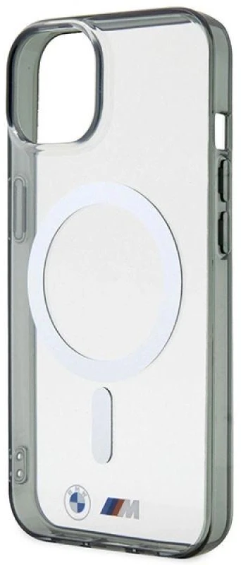 BMW BMHMP14MHCRS dėklas Apple iPhone 14 Plus 15 Plus 6.7″ skaidrus kietas dėklas Sidabrinis Ring MagSafe