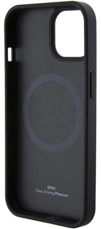 Dėklas BMW BMHMP15MSLLBK Apple iPhone 15 Plus 14 Plus 6.7″ juodos spalvos MagSafe Leather Hot Stamp