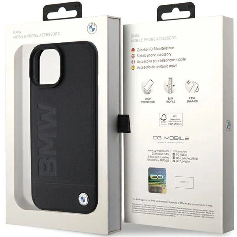 Dėklas BMW BMHMP15MSLLBK Apple iPhone 15 Plus 14 Plus 6.7″ juodos spalvos MagSafe Leather Hot Stamp