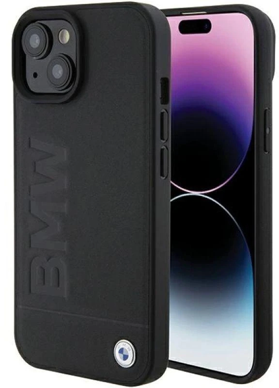 Dėklas BMW BMHMP15MSLLBK Apple iPhone 15 Plus 14 Plus 6.7″ juodos spalvos MagSafe Leather Hot Stamp