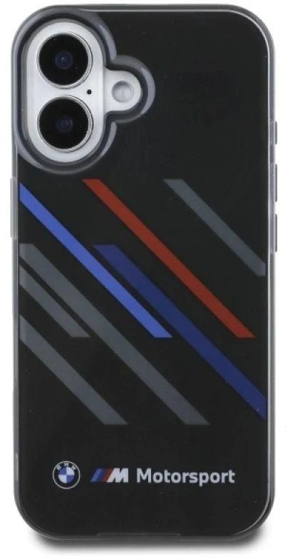 BMW BMHCP16M23HTRAK Apple iPhone 16 Plus 6.7″ juodos spalvos kietas dėklas Motorsport IML Random Stripes