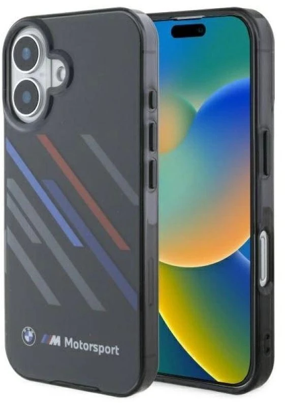 BMW BMHCP16M23HTRAK Apple iPhone 16 Plus 6.7″ juodos spalvos kietas dėklas Motorsport IML Random Stripes