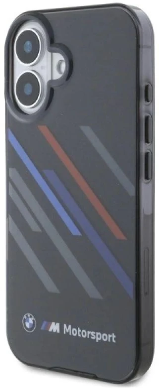 BMW BMHCP16M23HTRAK Apple iPhone 16 Plus 6.7″ juodos spalvos kietas dėklas Motorsport IML Random Stripes