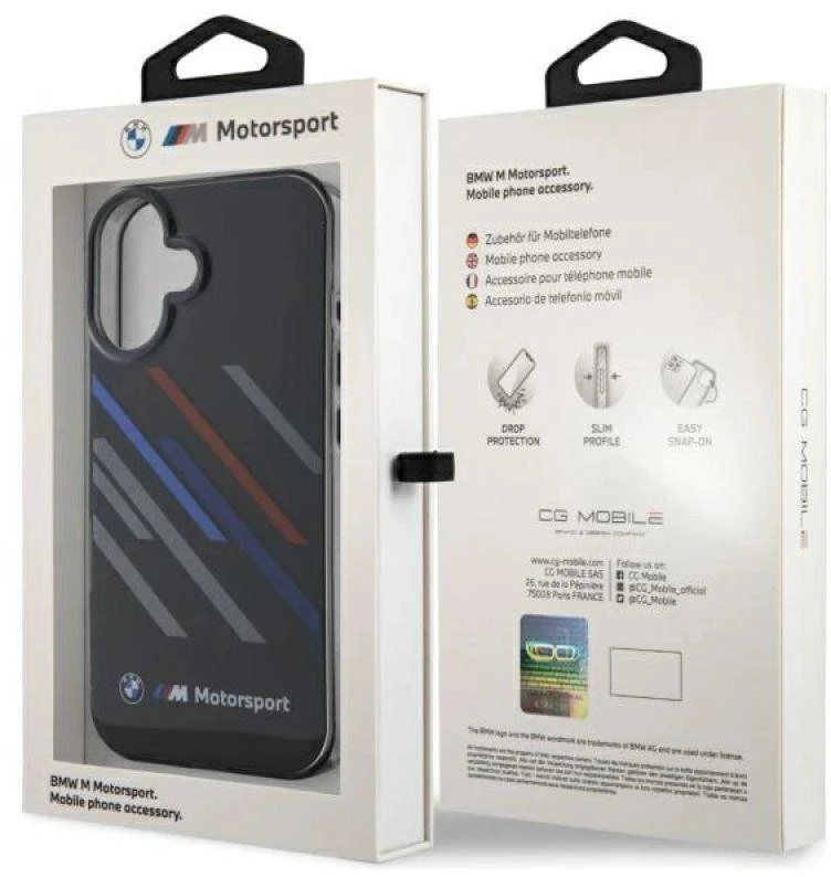 BMW BMHCP16M23HTRAK Apple iPhone 16 Plus 6.7″ juodos spalvos kietas dėklas Motorsport IML Random Stripes