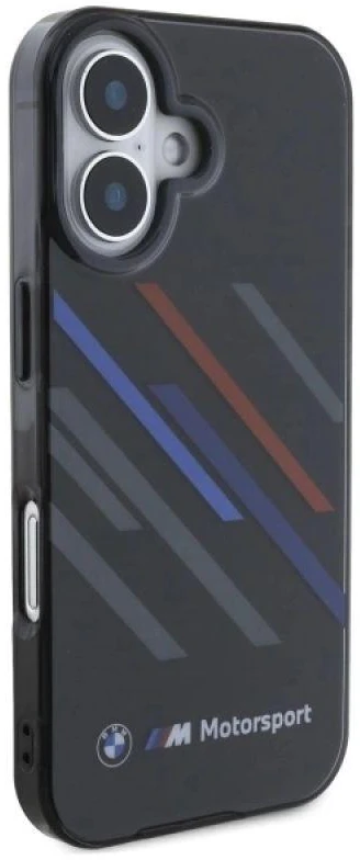 BMW BMHCP16M23HTRAK Apple iPhone 16 Plus 6.7″ juodos spalvos kietas dėklas Motorsport IML Random Stripes