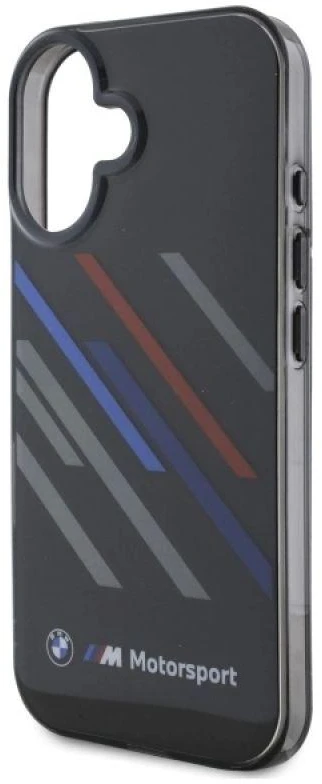 BMW BMHCP16M23HTRAK Apple iPhone 16 Plus 6.7″ juodos spalvos kietas dėklas Motorsport IML Random Stripes