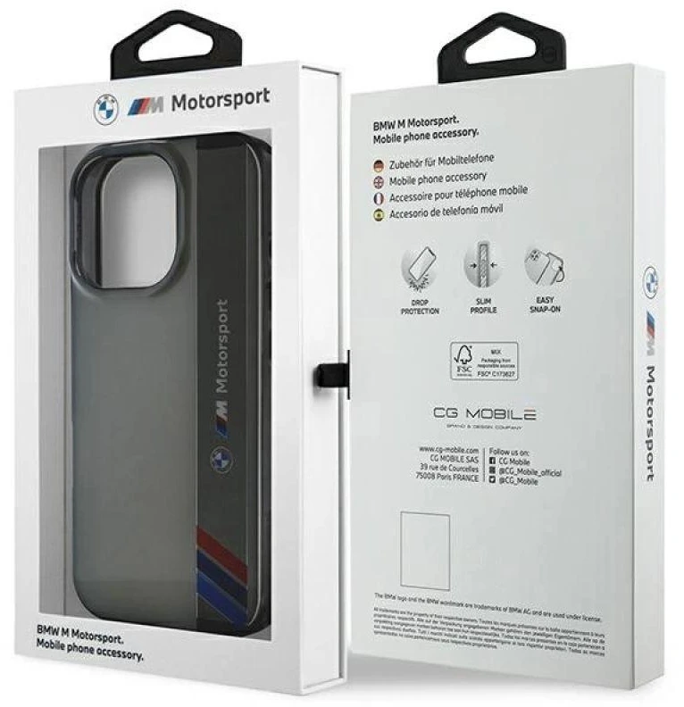 BMW BMHCP16L23HTFEG Apple iPhone 16 Pro 6.3″ pilkas kietas dėklas Motorsport IML Vertical Stripe
