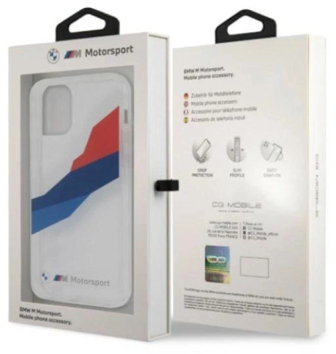 BMW BMHCP12LSKTGT Apple iPhone 12 Pro Max 6,7″ skaidrus kietas dėklas Motorsport Tricolor