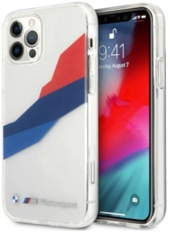BMW BMHCP12LSKTGT Apple iPhone 12 Pro Max 6,7″ skaidrus kietas dėklas Motorsport Tricolor