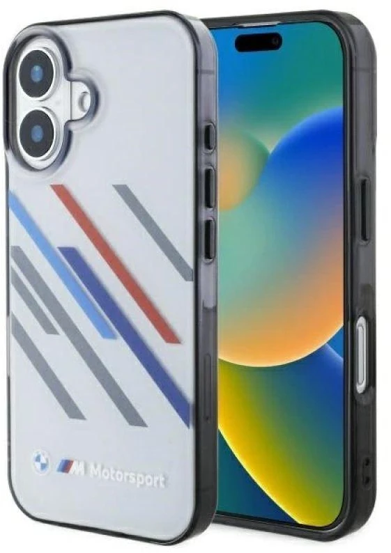 BMW BMHCP16S23HTRAG Apple iPhone 16 6.1″ pilkas kietas dėklas Motorsport IML Random Stripes