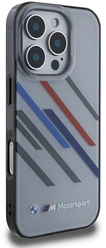 BMW BMHCP16L23HTRAG Apple iPhone 16 Pro 6.3″ pilkas kietas dėklas Motorsport IML Random Stripes
