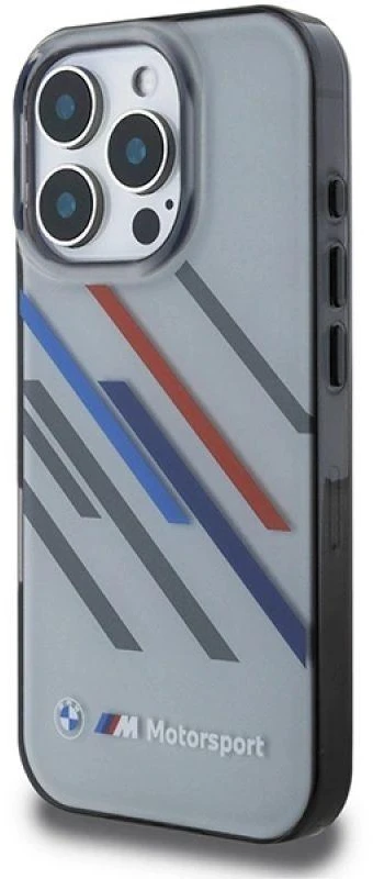 BMW BMHCP16L23HTRAG Apple iPhone 16 Pro 6.3″ pilkas kietas dėklas Motorsport IML Random Stripes