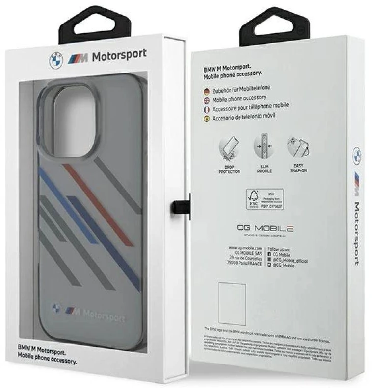 BMW BMHCP16L23HTRAG Apple iPhone 16 Pro 6.3″ pilkas kietas dėklas Motorsport IML Random Stripes