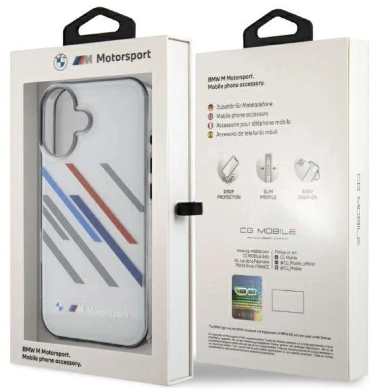 BMW BMHCP16M23HTRAG Apple iPhone 16 Plus 6.7″ pilkas kietas dėklas Motorsport IML Random Stripes