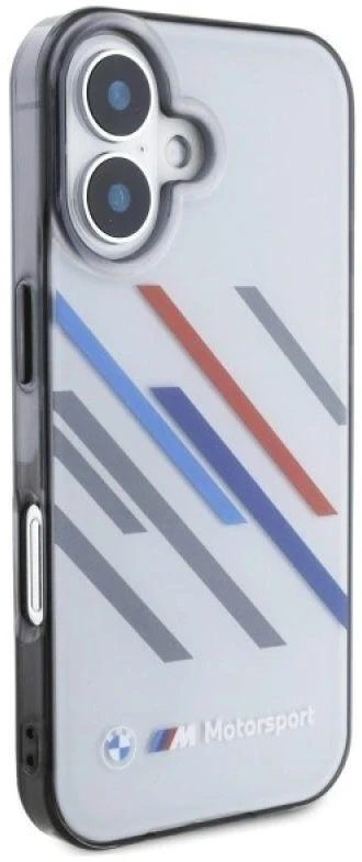 BMW BMHCP16M23HTRAG Apple iPhone 16 Plus 6.7″ pilkas kietas dėklas Motorsport IML Random Stripes