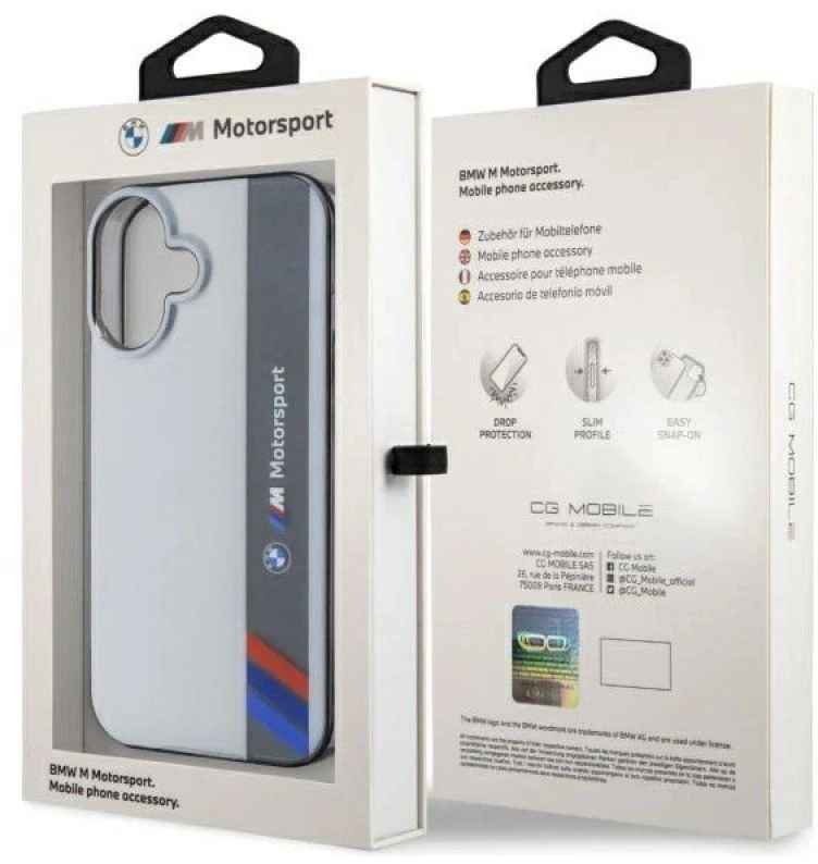 BMW BMHCP16S23HTFEG Apple iPhone 16 6.1″ pilkas kietas dėklas Motorsport IML Vertical Stripe