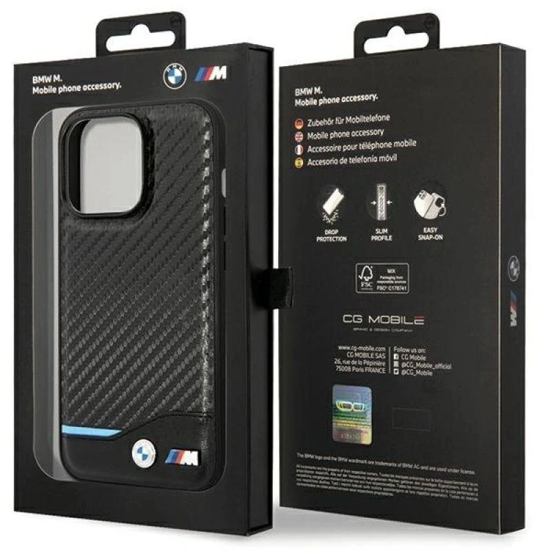 Dėklas BMW BMHCP13X22NBCK Apple iPhone 13 Pro Max 6.7″ juodos spalvos kietas dėklas Leather Carbon