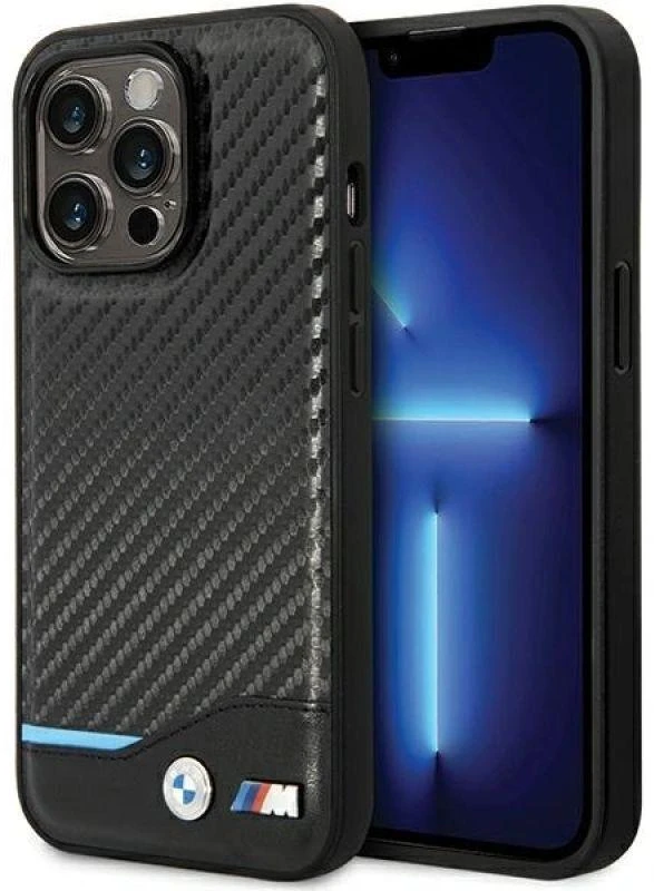 Dėklas BMW BMHCP13X22NBCK Apple iPhone 13 Pro Max 6.7″ juodos spalvos kietas dėklas Leather Carbon