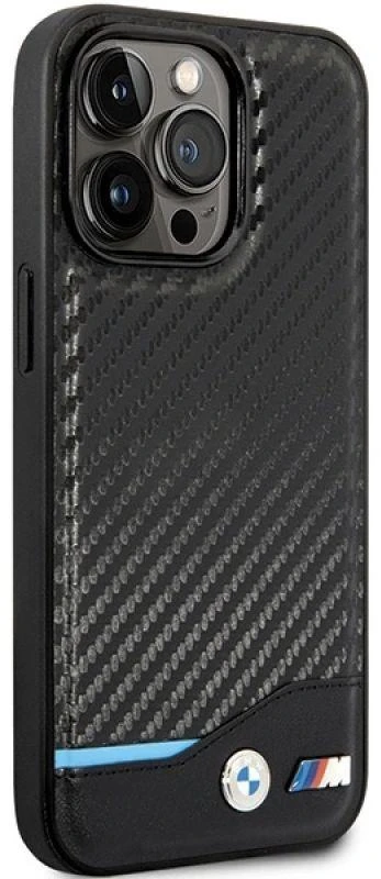 Dėklas BMW BMHCP13X22NBCK Apple iPhone 13 Pro Max 6.7″ juodos spalvos kietas dėklas Leather Carbon