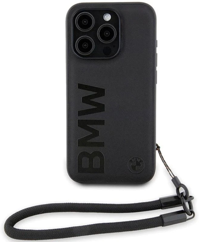Dėklas BMW BMHCP15X23RMRLK Apple iPhone 15 Pro Max 6.7″ juodos spalvos kietas dėklas Signature Leather Wordmark Cord