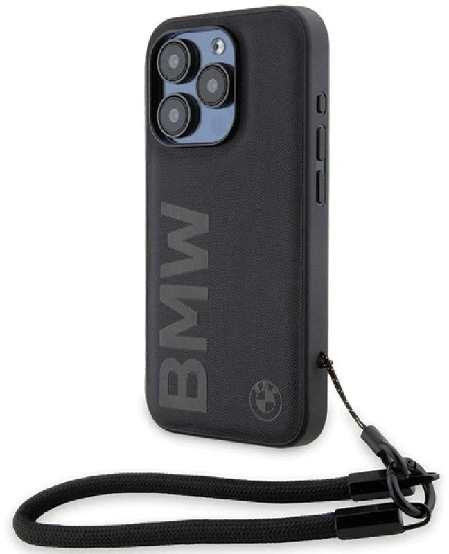 Dėklas BMW BMHCP15X23RMRLK Apple iPhone 15 Pro Max 6.7″ juodos spalvos kietas dėklas Signature Leather Wordmark Cord