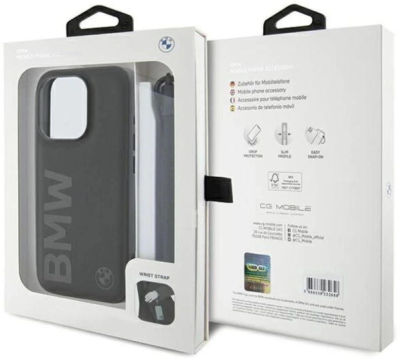 Dėklas BMW BMHCP15X23RMRLK Apple iPhone 15 Pro Max 6.7″ juodos spalvos kietas dėklas Signature Leather Wordmark Cord