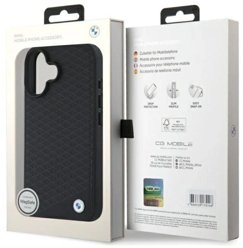 BMW BMHMP16S23RDDK Apple iPhone 16 6.1″ juodos spalvos kietas dėklas Sign Leather Diamond Metal Logo MagSa