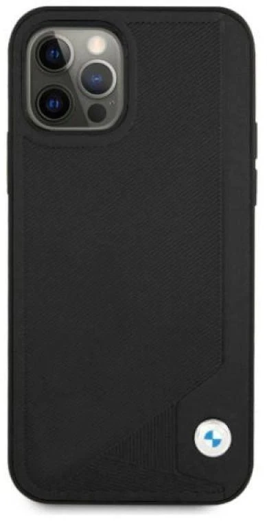 BMW BMHCP12MRCDPK Apple iPhone 12 / 12 Pro 6,1″ juodos spalvos kietas dėklas Leather Deboss
