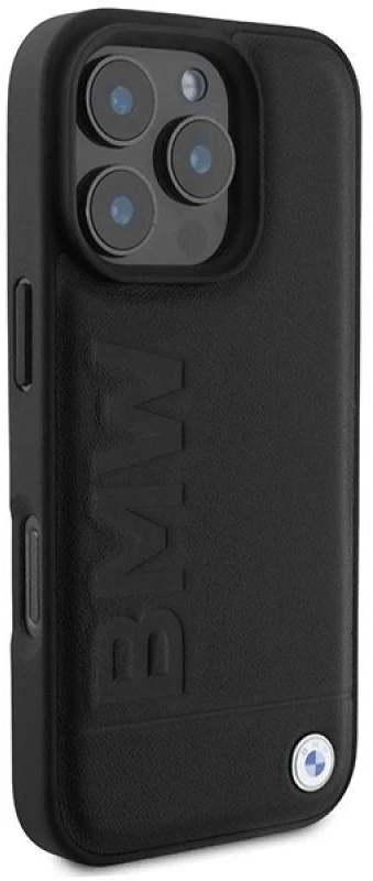 BMW BMHMP16XSLLBK Apple iPhone 16 Pro Max 6.9″ juodos spalvos kietas dėklas Leather Hot Stamp MagSafe