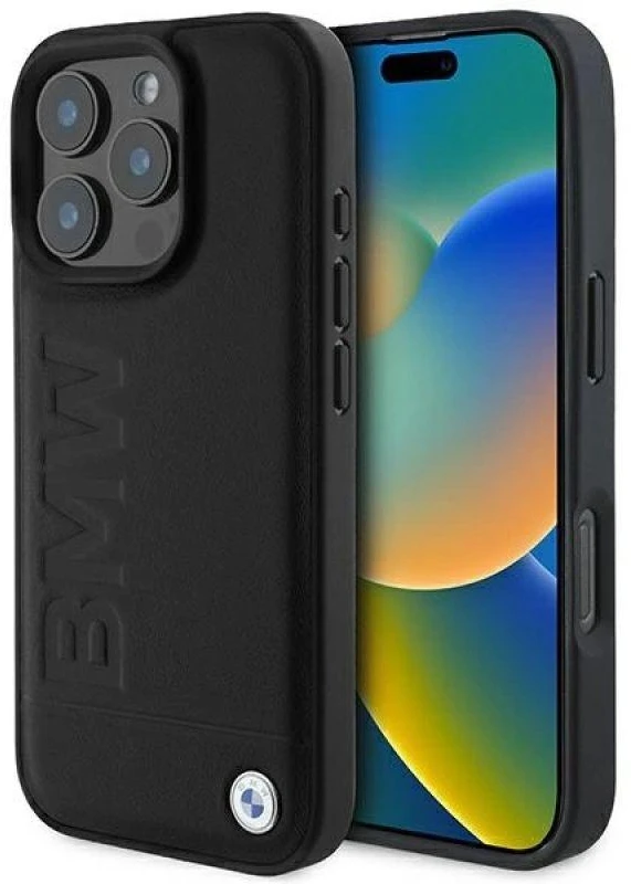 BMW BMHMP16XSLLBK Apple iPhone 16 Pro Max 6.9″ juodos spalvos kietas dėklas Leather Hot Stamp MagSafe