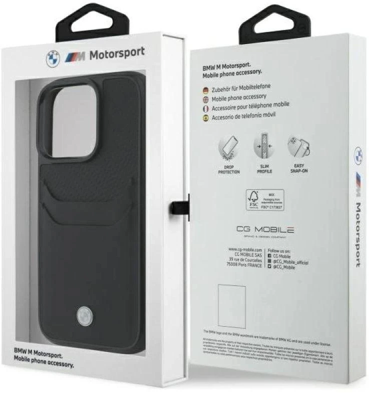 BMW BMHCP16X22RSEPK Apple iPhone 16 Pro Max 6.9″ juodos spalvos kietas dėklas Sign Leather Cardslot