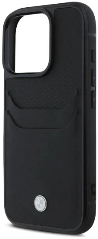 BMW BMHCP16X22RSEPK Apple iPhone 16 Pro Max 6.9″ juodos spalvos kietas dėklas Sign Leather Cardslot