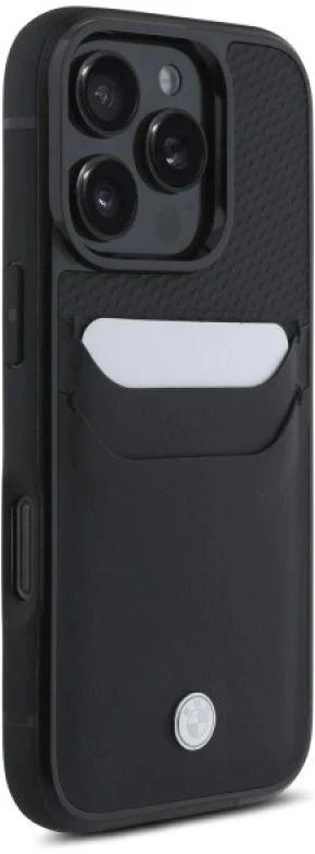BMW BMHCP16X22RSEPK Apple iPhone 16 Pro Max 6.9″ juodos spalvos kietas dėklas Sign Leather Cardslot